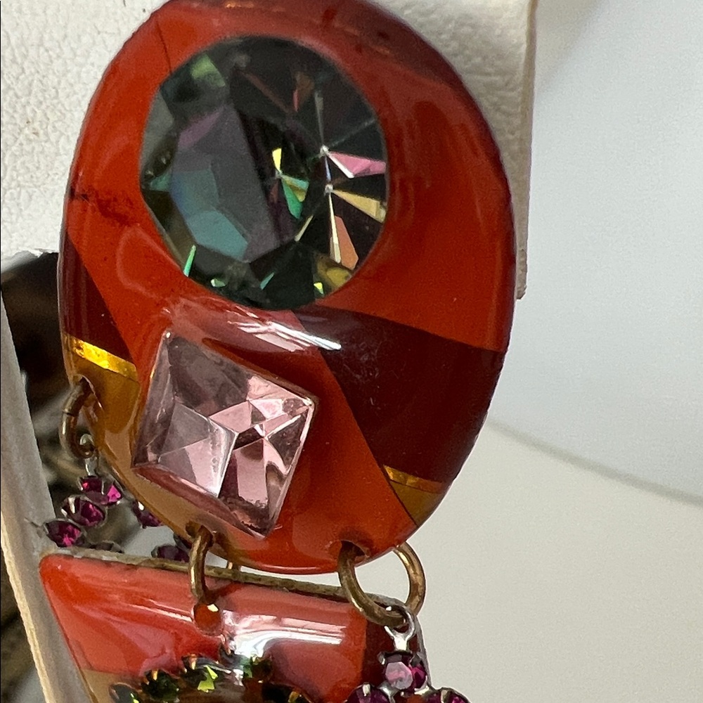 Vintage Earrings clip 70s multicolor gems statement articulating charms dangling - Picture 7 of 10